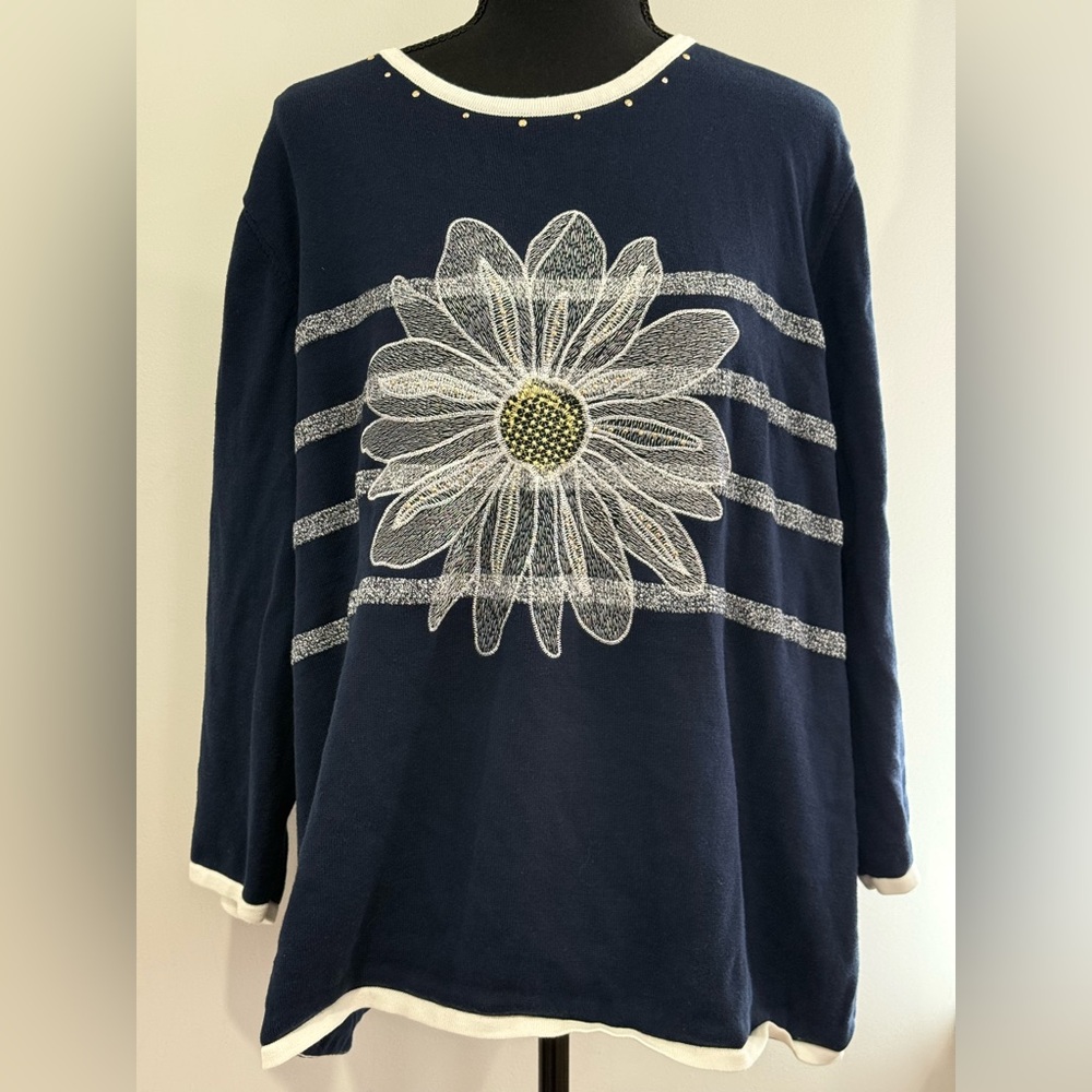 Alfred Dunner 2X Navy Blue Embroidered Floral Women's Sweater w Sequins 261